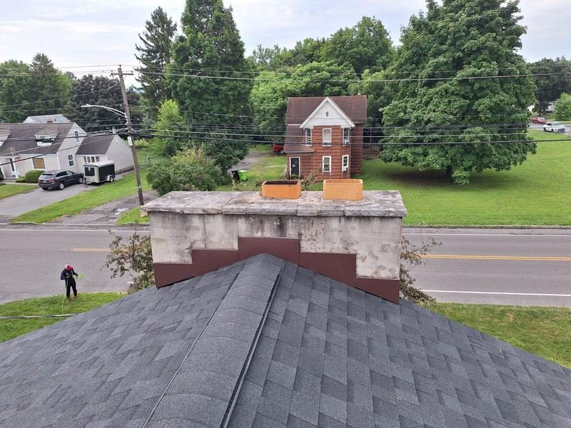 Brick chimney seen from the roof