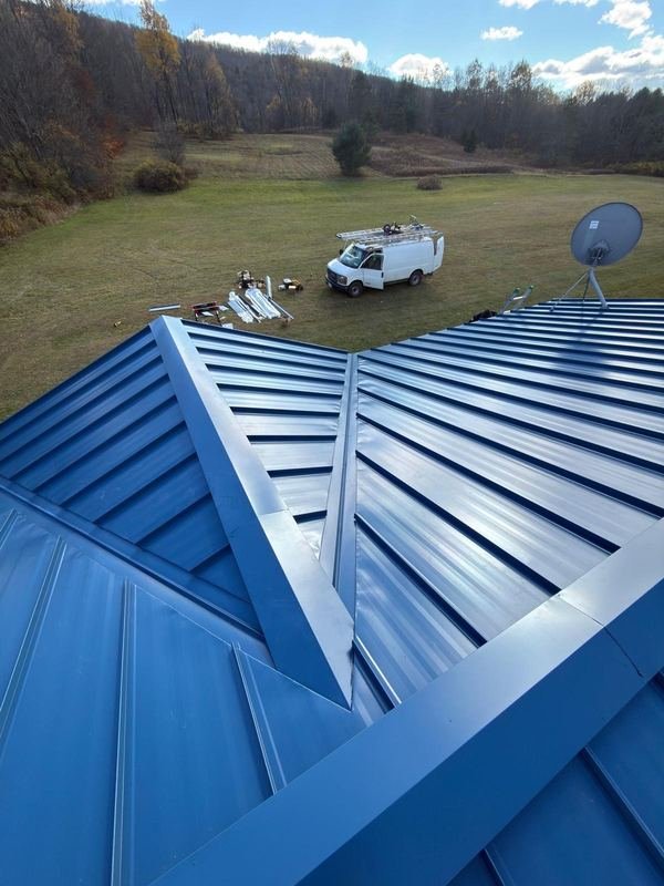 Blue standing seam metal roof